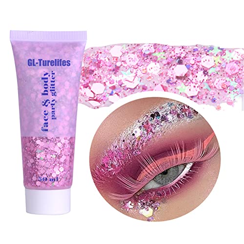 GL-Turelifes Chunky Glitter Gel Glitter Body Gel Festival Glitter Kosmetik Gesicht Haare Nägel Make-up Meerjungfrau Pailletten Flüssiger Lidschatten Langanhaltend Funkelnd (Rosa 50ml) von GL-Turelifes