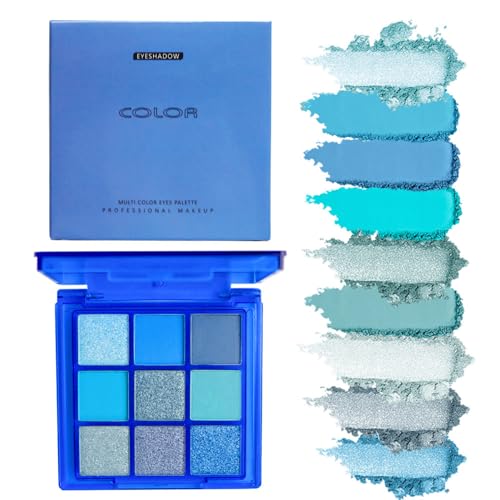 GL-Turelifes Lidschatten-Palette in 9 Farben, matt und perlschwarz, Smoky Lidschatten, Make-up, silberner Glitzer, grauer Lidschatten mit Spiegel, wasserdicht (Blau) von GL-Turelifes