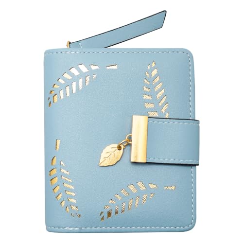 GLADFRESIT Damen Geldbörse Geldbörse Bifold Leder Geldbörse mit Reißverschluss Hohl Blätter Kleine Münzbörse mit Kartenfach Geburtstagsgeschenk für Frauen Mädchen, blau von GLADFRESIT