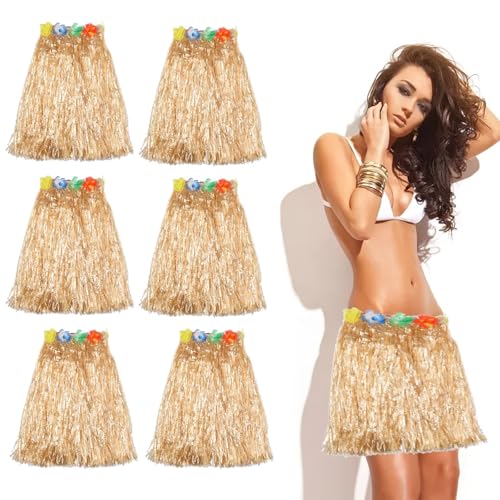 6 Stück 40 cm Hula Gras Rock Hawaiian Leis Tanzkleid Set mit Blume, elastischer Rock goldene Strohfarbe für Hawaiian Aloha Beach Summer Party Supplies von GLAITC