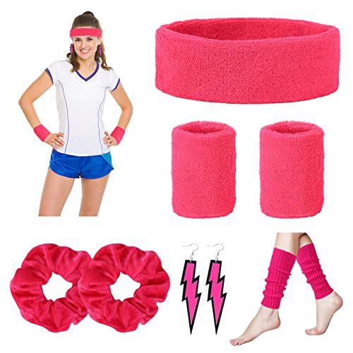 GLAITC 80s Jahre Kostüm Zubehör für Damen Set, 80s Fancy Dress Mädchen Neon Ohrring Beinwärmer Stirnband Armband Ohrringe für Retro-Motto-Party, Fitnessstudio Sport Laufen (Rosa) von GLAITC