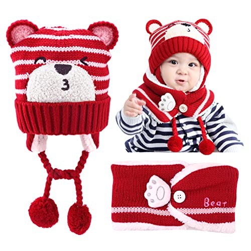 GLAITC Baby Mütze Winter 46-50cm Schlupfmütze Kinder mit Schal Fleecefutter Kindermütze Set Babymütze Winter Strickmütze Baby Ohrenklappe Beanie Mütze Kinder-strickmütze, für 6-24 Monate Unisex Baby von GLAITC