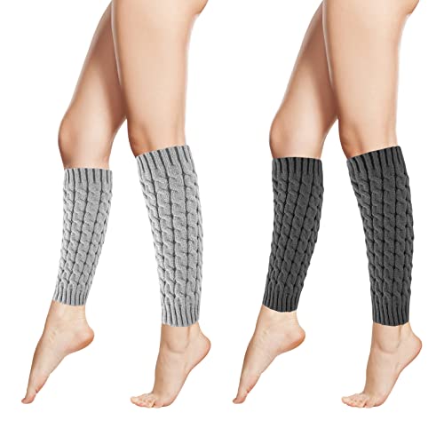 GLAITC Damen Bein BeinwäRmer,2 Paare Warmhalten Gestrickte Beinstulpen,Hohe Beinwärmer Weichen Winter Kabel Socken Flauschig Beinstulpen Für Frauen（Grau + schwarz） von GLAITC