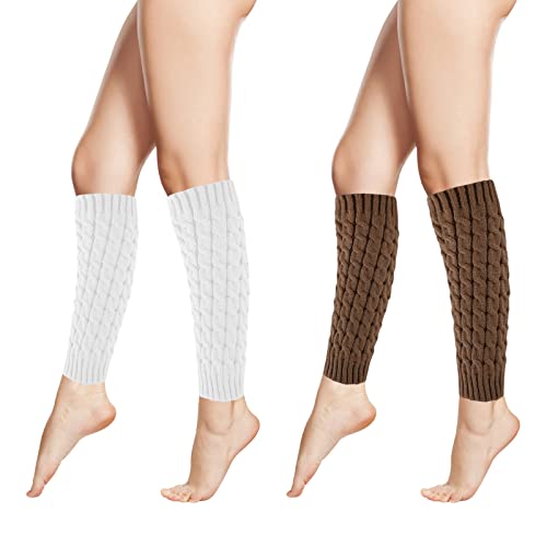 GLAITC Damen Bein BeinwäRmer,2 Paare Warmhalten Gestrickte Beinstulpen,Hohe Beinwärmer Weichen Winter Kabel Socken Flauschig Beinstulpen Für Frauen（Weiß + kati） von GLAITC