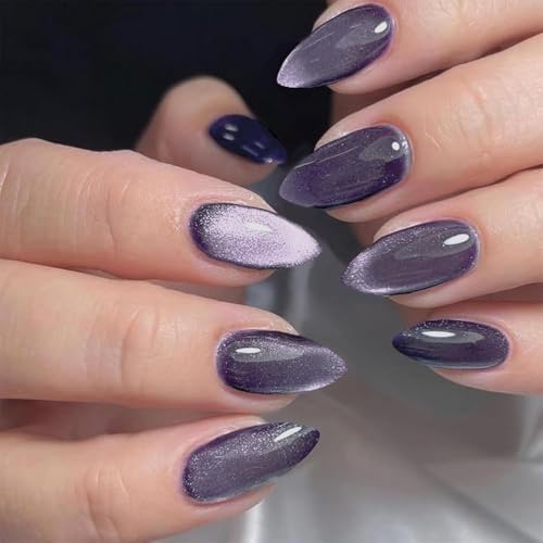 GLAMERMAID 24 PCS Kurze Mandel Künstliche Fingernägel Dunkelviolette Magnet-Katzenaugen-Aufklebenägel Schwarzes Aurora-Jelly-Gel-Kunstnagel-Set Glitzer-Kleber Stiletto Klebe-Kunstnägel für Frauen von GLAMERMAID