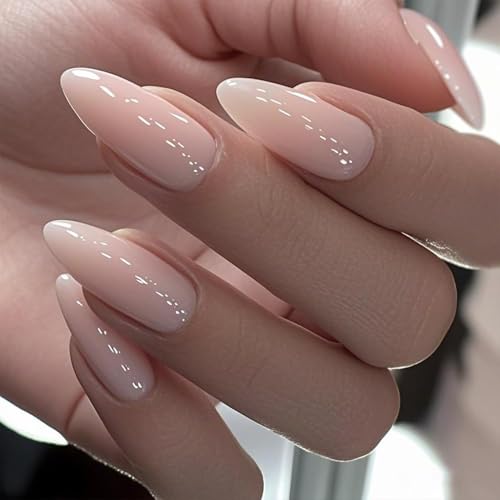 GLAMERMAID 24 PCS Mittlere Mandel Künstliche Fingernägel Frühjahr Sommer Nude Gel-Kleber Auf Nägel Glänzende Stiletto Wiederverwendbare UV-Finish-Kunstnägel Acryl-Kunstnägel Maniküre-Sets Für Frauen von GLAMERMAID
