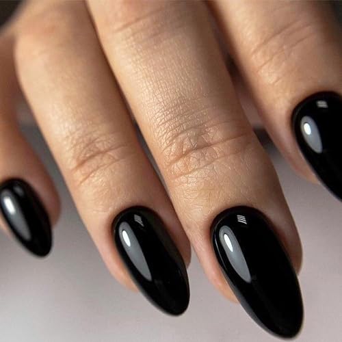 GLAMERMAID 24 PCS Mittlere Mandel Künstliche Fingernägel Schwarze Aufklebenägel Neutrales Jelly-Gel Glänzend Emo-Kunstnägel Stiletto Dunkel Klebenägel Für Frauen Wiederverwendbares Acryl-Set von GLAMERMAID