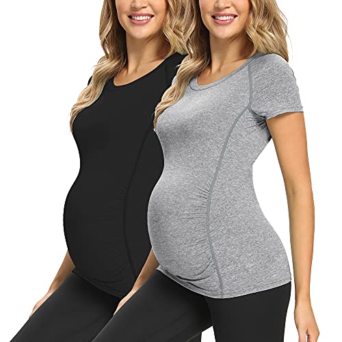 GLAMIX Damen Schwangerschaft Active Tops Kurzarm Yoga Shirts Workout Athletic Schwangerschaft Kleidung, 2er Pack schwarz/grau, Mittel GLAMIX Damen Schwangerschaft Active Tops Kurzarm Yoga Shirts Workout Athletic Schwangerschaft Kleidung, 2er Pack schwarz/grau, Mittel von GLAMIX
