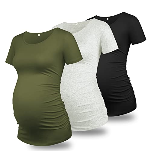 GLAMIX Damen Schwangerschaftsshirts Baumwolle Schwangerschaft Tops 3 Packungen Kurzarm Seite gerüscht Rundhals Basic Mama Kleidung, O-Neck Schwarz + Grau + Armee-Grün, Klein von GLAMIX