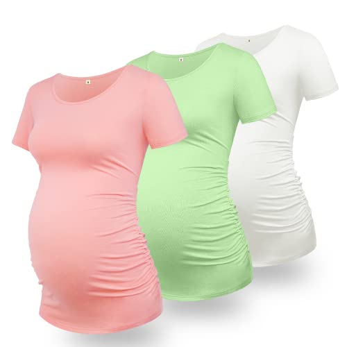 GLAMIX Schwangerschafts-Shirts für Damen, kurzärmelig, Sommerkleidung, 3 Packungen, Baumwoll-T-Shirt, Mama-Basics, Schwangerschafts-T-Shirt, 3 Stück, Rundhalsausschnitt, salbeigrün und rosa, Klein von GLAMIX