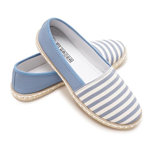 Flache Espadrilles mit Streifen, Freizeitschuhe für den Sommer, atmungsaktives nautisches Design mit ESPARTO-Sohle, Blau (I Blue), 41 EU von GLAMORA