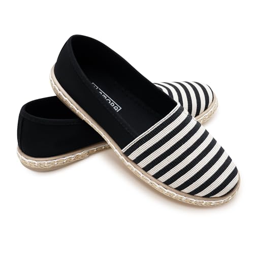 Flache Espadrilles mit Streifen, Freizeitschuhe für den Sommer, atmungsaktives nautisches Design mit ESPARTO-Sohle, Schwarz , 41 EU von GLAMORA