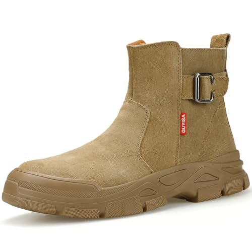 GLANOUDUN Hohe Stahlkappenstiefel, Schweiß-Arbeitsstiefel für Herren, unzerstörbar, Stahlkappenschuhe, Reißverschluss, Konstruktionsschuhe, schnürlos, Sicherheitsschweißschuhe, Braun, Größe 43 von GLANOUDUN
