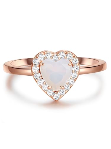 GLANZSTÜCKE MÜNCHEN Damen Herz-Ring 925/- Sterling Silber rosévergoldet mit Mondstein (synth.) Zirkonia weiß - Motivring Silberring Solitärring von GLANZSTÜCKE MÜNCHEN