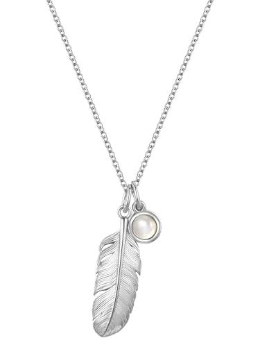 GLANZSTÜCKE MÜNCHEN Damen Kette aus 925/- Sterling Silber rhodiniert mit Mondstein (synth.) weiß Feder von GLANZSTÜCKE MÜNCHEN