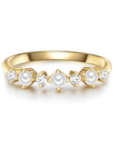 GLANZSTÜCKE MÜNCHEN Damen Perlenring Sterling Silber gelbvergoldet mit Süßwasser-Zuchtperle 2-2,5 mm/Zirkonia - Silberring Damenring von GLANZSTÜCKE MÜNCHEN