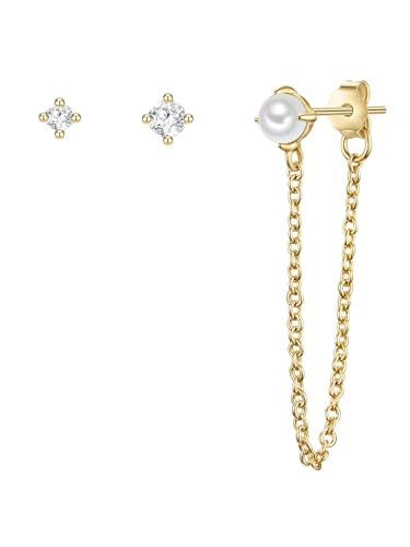 Glanzstücke München Damen Set (Ohrringe 3 Stück) 925/- Sterling Silber gelbvergoldet 14 Karat mit Süßwasser-Zuchtperle 3,8 mm Zirkonia weiß von GLANZSTÜCKE MÜNCHEN