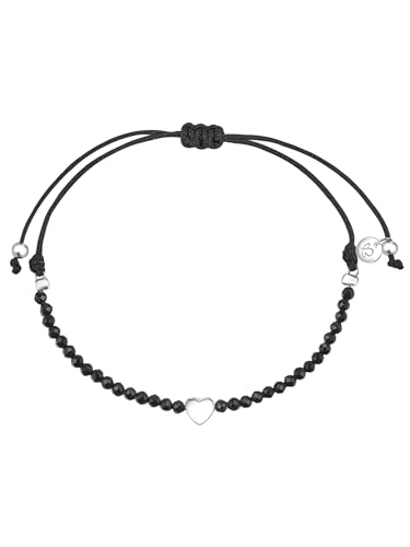 GLANZSTÜCKE MÜNCHEN Damen-Textilarmband schwarz Herz Sterling Silber Spinell - Armbändchen Armband mit Anhänger Stoffbändchen Armkettchen Textil von GLANZSTÜCKE MÜNCHEN
