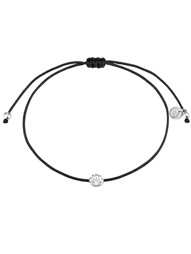 GLANZSTÜCKE MÜNCHEN Damen-Textilarmband schwarz Muschel Sterling Silber 15-22 cm - Armbändchen Armband mit Anhänger Stoffbändchen Armkettchen Textil von GLANZSTÜCKE MÜNCHEN