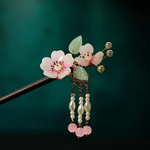 GLDW Chinesische Haarnadel,Retro-Holz-Haarstab, Traditionelle Haarnadel, Rosa Kirschblüte, Blumenimitat, Kristallquaste, Handgefertigte Haarstäbchen, Gabeln, Schmuck Für Frauen, Langes Haar von GLDW