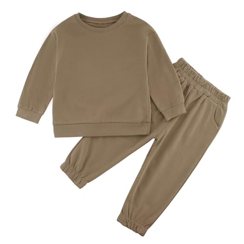 GLEAMING GRAIN Kleinkind-Outfits für Jungen oder Mädchen, langärmelig, einfarbig, Rundhalsausschnitt, Sweatshirt und Jogginghose, Set für Kinder von 12 bis 13 Jahren, Braun, 6-7 Jahre von GLEAMING GRAIN