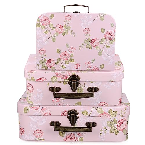 GLEAVI 3 Stück Teiliges Papierkarton Kofferset mit Floralen Motiven Metallgriff Stapelbar Dekorative Aufbewahrungsbox für Hochzeit Geburtstag Babygeschenke Vielseitig als und Dekobox von GLEAVI