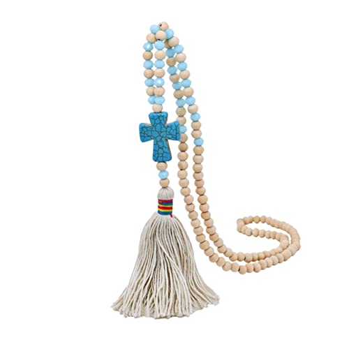 GLEAVI lange Halskette Perlen Halsketten Kruzifix Halskette Gebetsperlenarmband Halsschmuck Perlenkette Holzkette Statement-Halsketten Holzperlen und Türkis von GLEAVI