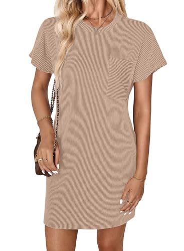 GLEENOD Kleid Damen Rundhals Kurzarm Strand Lose Etuikleid Casual Sommer Rippenstrick Tunika T-Shirt Mini Kleider 2025 von GLEENOD