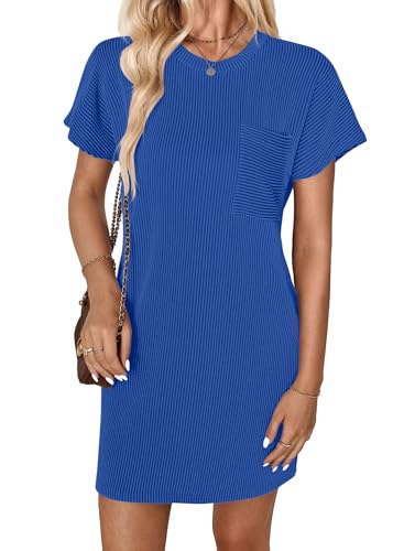 GLEENOD Kleid Damen Rundhals Kurzarm Strand Lose Etuikleid Casual Sommer Rippenstrick Tunika T-Shirt Mini Kleider 2025 von GLEENOD