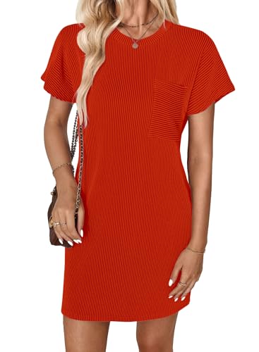 GLEENOD Kleid Damen Rundhals Kurzarm Strand Lose Etuikleid Casual Sommer Rippenstrick Tunika T-Shirt Mini Kleider 2025 von GLEENOD
