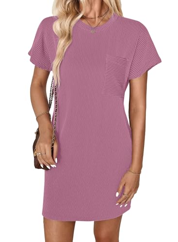 GLEENOD Kleid Damen Rundhals Kurzarm Strand Lose Etuikleid Casual Sommer Rippenstrick Tunika T-Shirt Mini Kleider 2025 von GLEENOD