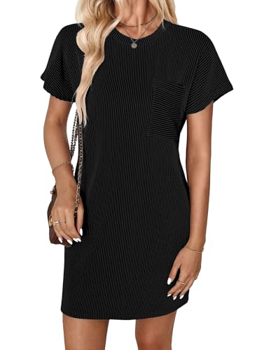 GLEENOD Kleid Damen Rundhals Kurzarm Strand Lose Etuikleid Casual Sommer Rippenstrick Tunika T-Shirt Mini Kleider 2025 Frühling von GLEENOD
