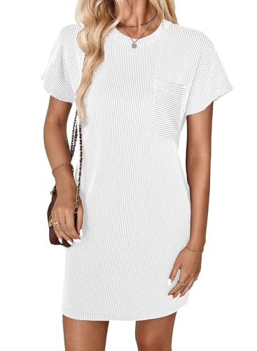 GLEENOD Kleid Damen Rundhals Kurzarm Strand Lose Etuikleid Casual Sommer Rippenstrick Tunika T-Shirt Mini Kleider 2025 Frühling von GLEENOD