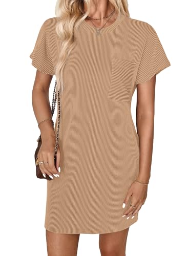 GLEENOD Kleid Damen Rundhals Kurzarm Strand Lose Etuikleid Casual Sommer Rippenstrick Tunika T-Shirt Mini Kleider 2025 von GLEENOD