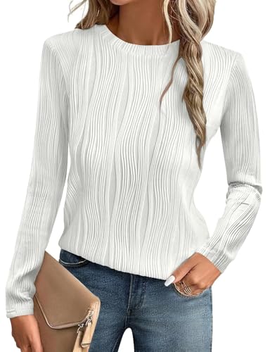 GLEENOD Langarmshirt Damen Rundhals Pullover Elegant Langarm Oberteile Stretch Wellenmuster Tshirts Basic Tops von GLEENOD