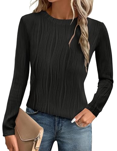 GLEENOD Langarmshirt Damen Rundhals Pullover Elegant Langarm Oberteile Stretch Wellenmuster Tshirts Basic Tops von GLEENOD