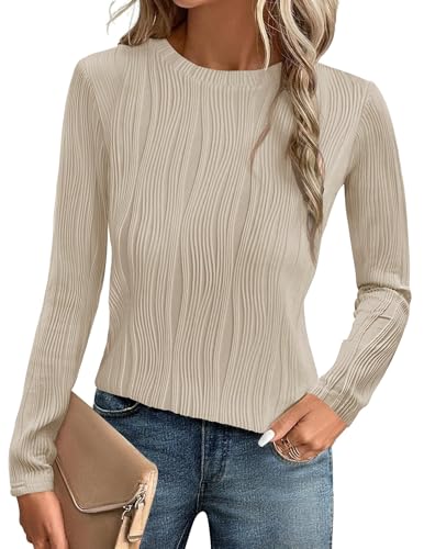 GLEENOD Langarmshirt Damen Rundhals Pullover Elegant Langarm Oberteile Stretch Wellenmuster Tshirts Basic Tops von GLEENOD