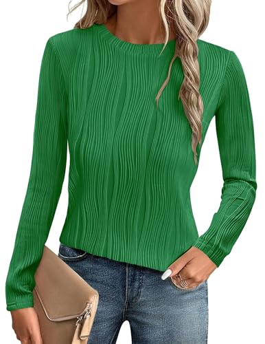 GLEENOD Langarmshirt Damen Rundhals Pullover Elegant Langarm Oberteile Stretch Wellenmuster Tshirts Basic Tops von GLEENOD