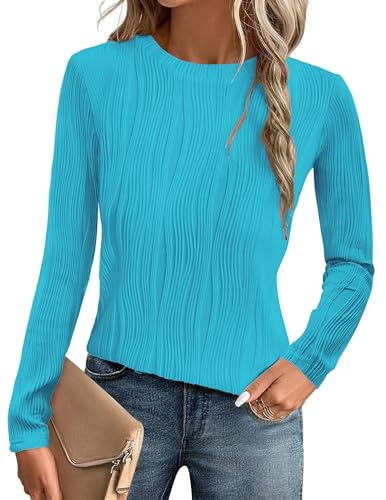 GLEENOD Langarmshirt Damen Rundhals Pullover Elegant Langarm Oberteile Stretch Wellenmuster Tshirts Basic Tops von GLEENOD