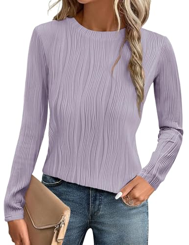 GLEENOD Langarmshirt Damen Rundhals Pullover Elegant Langarm Oberteile Stretch Wellenmuster Tshirts Basic Tops von GLEENOD