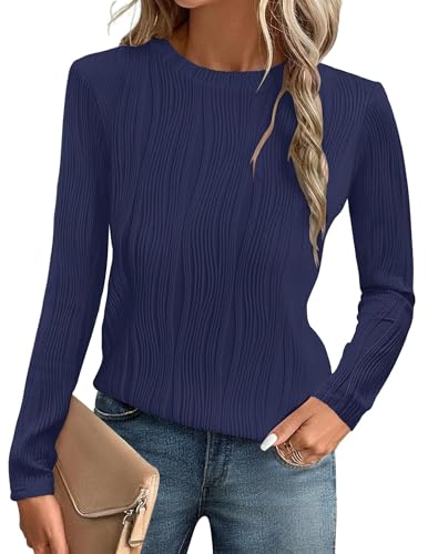 GLEENOD Langarmshirt Damen Rundhals Pullover Elegant Langarm Oberteile Stretch Wellenmuster Tshirts Basic Tops von GLEENOD