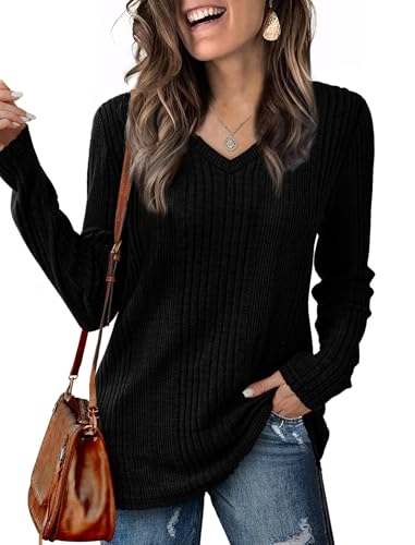 GLEENOD Pullover Damen V-Ausschnitt Sweatshirt Langarm Leichtes Einfarbiges Oberteil 2025 von GLEENOD