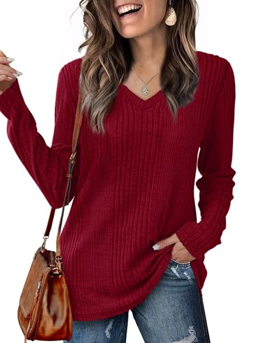 GLEENOD Pullover Damen V-Ausschnitt Sweatshirt Langarm Leichtes Einfarbiges Oberteil Winter Frühling 2025 von GLEENOD