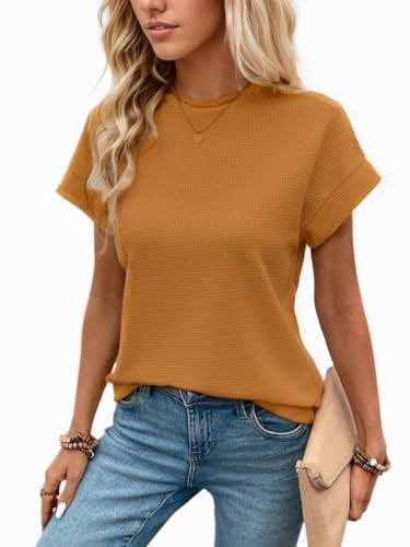 GLEENOD T-Shirt Damen Casual Rundhals Waffelstrick mit tiefer Schulterpartie Tshirt 2025 Frühling Sommer GLEENOD T-Shirt Damen Casual Rundhals Waffelstrick mit tiefer Schulterpartie Tshirt 2025 Frühling Sommer von GLEENOD