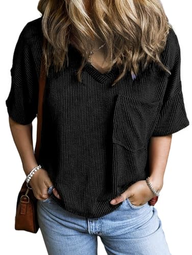 GLEENOD Tshirt Damen Kurzarm V-Ausschnitt Shirts Damen Sommer Elegant Top Locker Oversize T-Shirt mit Tasche von GLEENOD