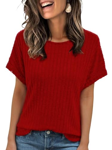 GLEENOD Tshirt Damen Sommer Rundhals Basic Pullover Kurzarm Tunika Gebogener Saum Tops Elegant Casual Business Outfit 2025 von GLEENOD