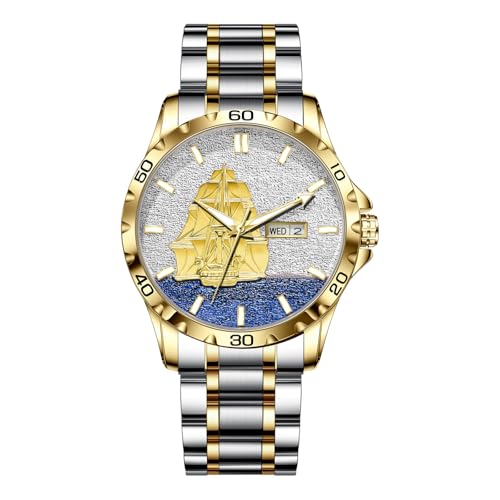 GLENAW Automatikuhr für Herren – Selbstaufziehende mechanische Uhr – Zifferblatt mit goldenem Segelboot und Tag Datum Kalender, 30 m wasserdichtes Edelstahlarmband, 8668-Gold von GLENAW