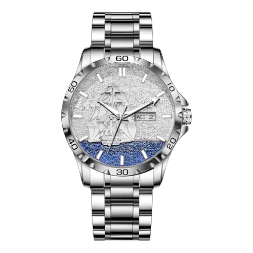 GLENAW Automatikuhr für Herren – Selbstaufziehende mechanische Uhr – Zifferblatt mit goldenem Segelboot und Tag Datum Kalender, 30 m wasserdichtes Edelstahlarmband, 8668-Silber von GLENAW