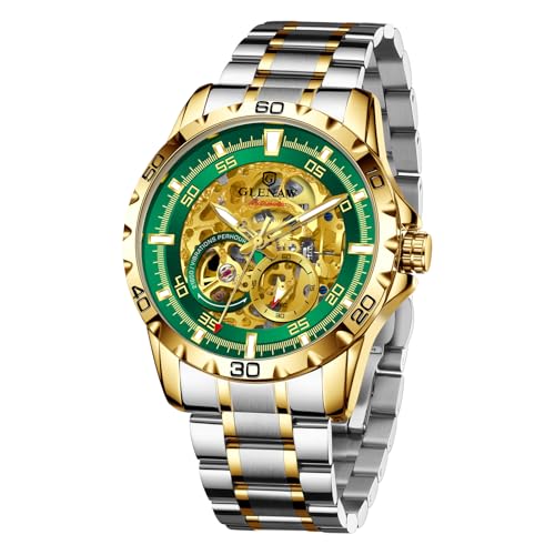 GLENAW Automatikuhren für Herren - Selbstaufziehendes mechanisches Uhrwerk, Skelett offenes Zifferblatt, 30ATM wasserdicht, mit Edelstahlband, Armbanduhr, ohne Batterie, 8687-Golden Green GLENAW Automatikuhren für Herren - Selbstaufziehendes mechanisches Uhrwerk, Skelett offenes Zifferblatt, 30ATM wasserdicht, mit Edelstahlband, Armbanduhr, ohne Batterie, 8687-Golden Green von GLENAW