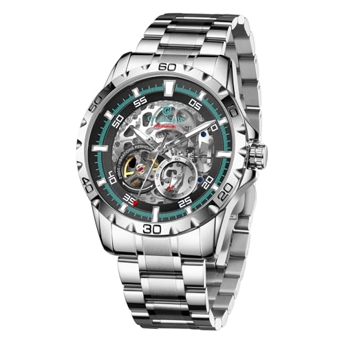 GLENAW Automatikuhren für Herren - Selbstaufziehendes mechanisches Uhrwerk, Skelett offenes Zifferblatt, 30ATM wasserdicht, mit Edelstahlband, Armbanduhr, ohne Batterie, 8687-Silberschwarz GLENAW Automatikuhren für Herren - Selbstaufziehendes mechanisches Uhrwerk, Skelett offenes Zifferblatt, 30ATM wasserdicht, mit Edelstahlband, Armbanduhr, ohne Batterie, 8687-Silberschwarz von GLENAW